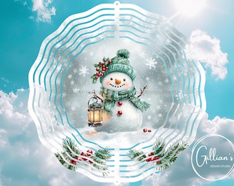 May include: A white snowman with a green hat and scarf holding a lantern. The snowman is standing in a snowy scene with snowflakes and pine branches. The background is a blue sky with white clouds.