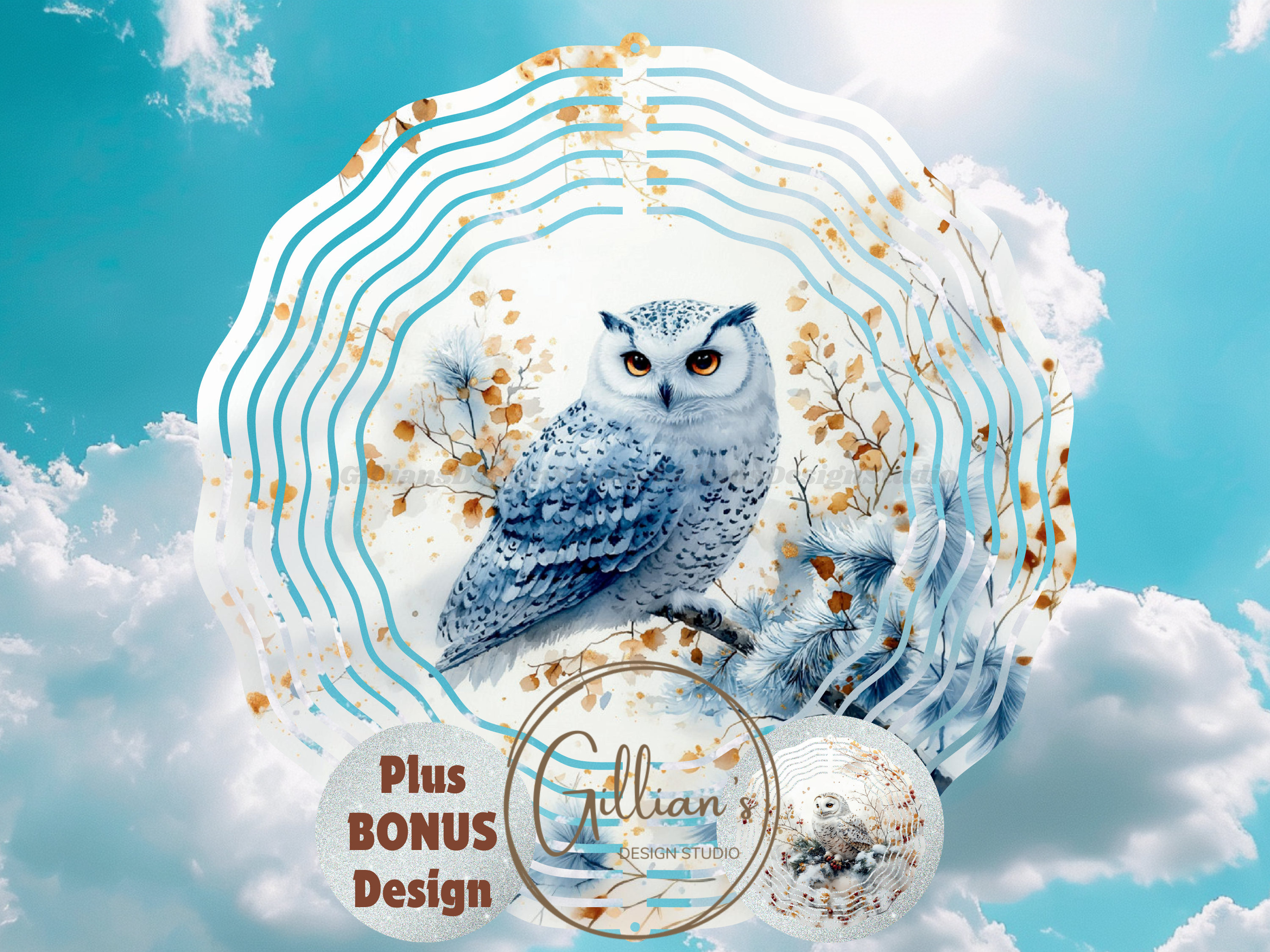 Winter Owl 8 inch Wind Spinner Sublimation Design, Instant Digital Download, Bonus Design, Watercolo