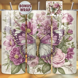 Birth Month Flower June Butterfly 20oz Straight Skinny Tumbler Wrap Sublimation Design, Bonus Instant Digital Download, Honeysuckle Rose PNG