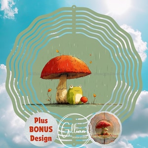 May include: A metal wind spinner with a green, red, and white design. The design features a mushroom with a frog sitting under it. The wind spinner has a circular shape with multiple layers. The background is a blue sky with white clouds.