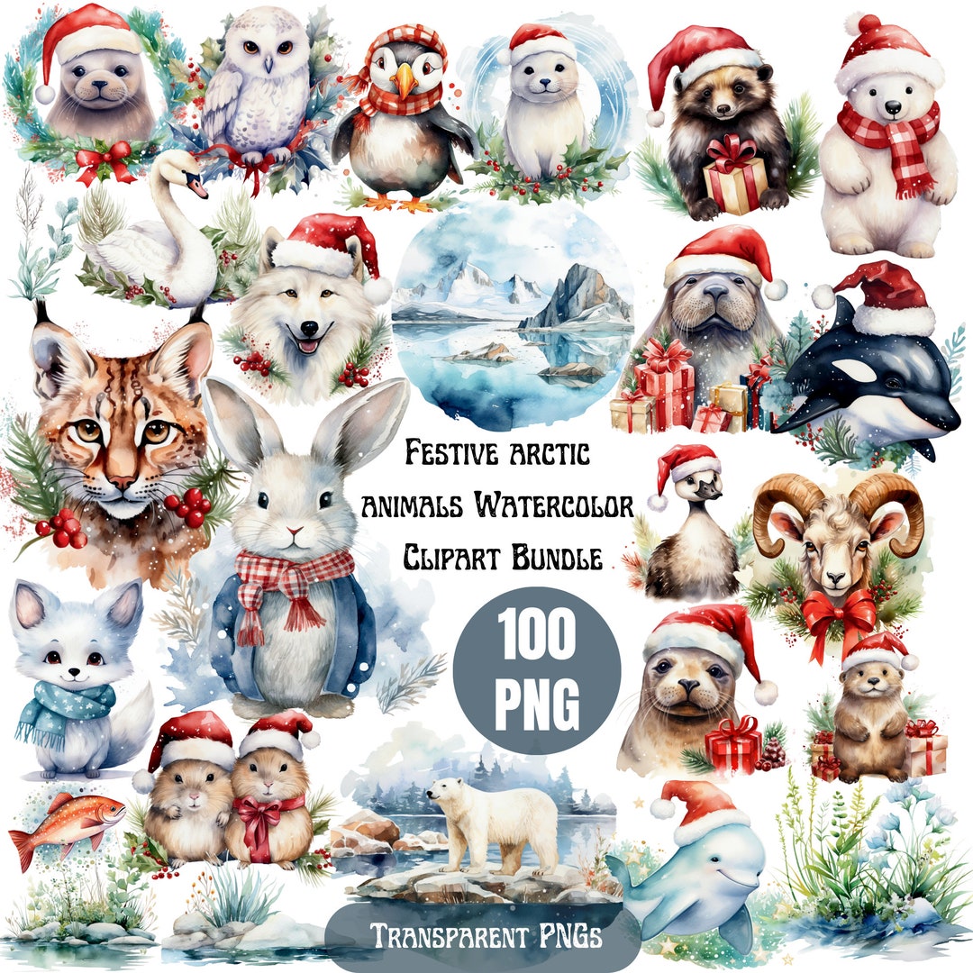 100 PNG Festive Arctic Animals Watercolor Clipart Arctic - Etsy