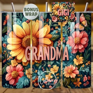 Floral Grandma Gigi 20oz Skinny Tumbler Wrap Sublimation Design, Bonus Instant Digital Download, Yellow Daisy Gigi PNG, Gigi Daisy Tumbler