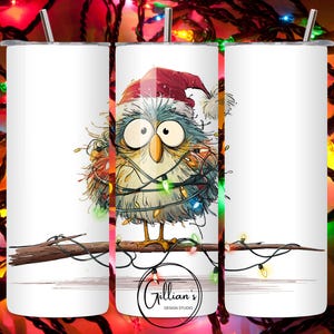 Diseño de sublimación para vaso delgado de 20 oz con diseño de pájaro enredado, descarga digital instantánea, luces navideñas enredadas, pájaro con gorro de Papá Noel