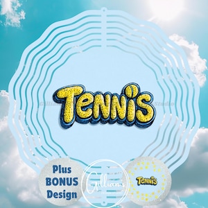 May include: A light blue design with the word "Tennis" in yellow and blue, set against a sky background. Includes bonus design elements and a tennis ball graphic. The design is suitable for sports enthusiasts.
