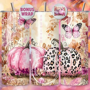 Fall Pink Pumpkin Ribbon Awareness Breast Cancer Survivor Tumbler Wrap 20 oz Skinny Tumbler Sublimation Design Digital Download PNG Instant