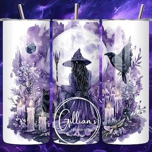 May include: A watercolor illustration of a witch sitting under a full moon with a black cat, a raven, and candles. The background is a purple and white watercolor wash.