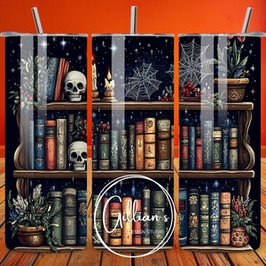 Witch Library 20oz Tumbler Wrap Sublimation Design, Instant Digital Download, Books, Skulls, Spider Webs, Halloween Spooky Season PNG