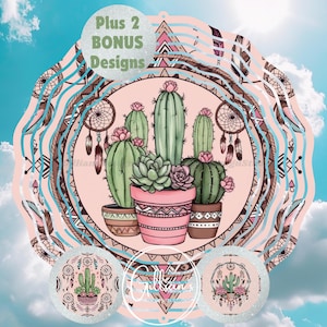 Puede incluir: Un diseño de mandala rosa y azul con un arreglo de cactus y suculentas en el centro. El diseño incluye atrapasueños y el texto "Plus 2 Bonus Designs".