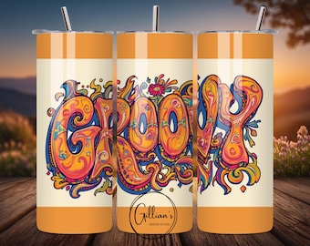 Groovy 20oz Straight Skinny Tumbler Wrap Sublimation Design, Instant Digital Download, Retro Hippie Groovy Word Art PNG