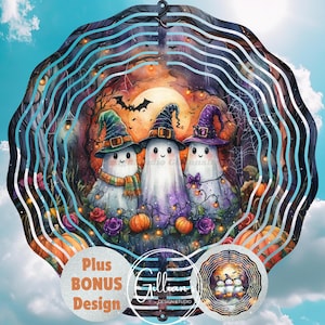 Op de afbeelding: Een Halloween-windspinner met drie cartoongeesten met heksenhoeden, sjaals en vlinderdassen. Het ontwerp bevat pompoenen, rozen en een volle maan. De tekst "Plus BONUS Design" is zichtbaar.