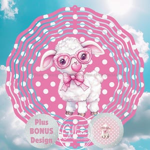 May include: Pink and white wind spinner featuring a cute cartoon lamb wearing pink glasses and a pink bow. The background is a pink and white polka dot pattern. The text "Plus Bonus Design" is on the bottom left of the image.