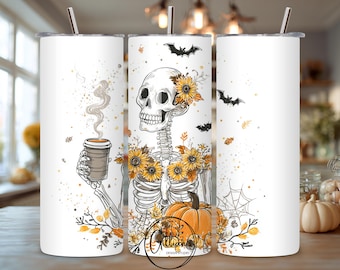 Autumn Coffee Skeleton 20oz Straight Skinny Tumbler Wrap Sublimation Design, Instant Digital Download, Funny Skeleton Waiting Halloween PNG