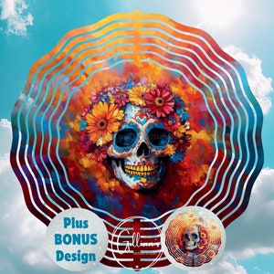 Bright Day of the Dead 8 inch Wind Spinner Sublimation Design, BONUS Digital Download, Sugar Skull, Vibrant Oranges Pinks Blues Yellows PNG