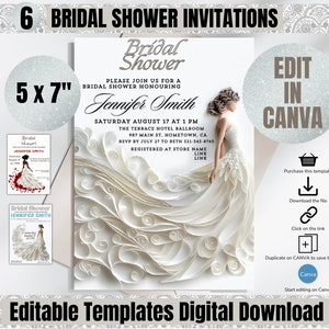 Puede incluir: Seis invitaciones imprimibles para una despedida de soltera en formato 12,7 x 17,8 cm. Las invitaciones presentan un fondo blanco con un diseño blanco en papel y una novia con un vestido blanco. El texto de la invitación dice "Bridal Shower" y "Jennifer Smith". Las invitaciones son editables en Canva.