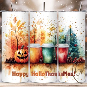 Happy Hallothanksmas 20 oz Skinny Tumbler Halloween PNG, Sublimation Design DIGITAL, Christmas png, Thanksgiving PNG, Funny Holiday Design