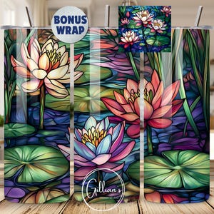 Stained Glass Water Lilies 20oz Skinny Tumbler Wrap Sublimation Design, Bonus Instant Digital Download, Monet Flower PNG, Water Lily Tumbler