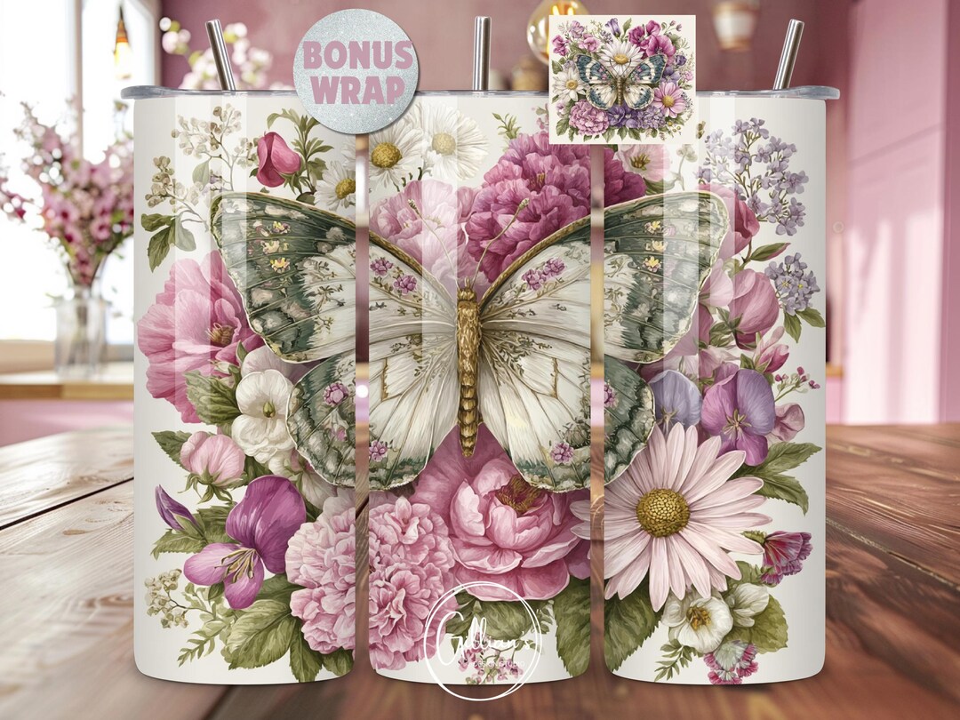 Birth Month Flower April Butterfly 20oz Straight Skinny Tumbler Wrap ...