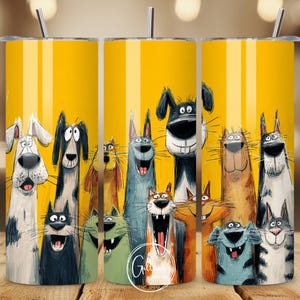 May include: A yellow tumbler with a cartoon illustration of dogs and cats with exaggerated expressions. The design includes a variety of breeds and colours, with a stainless steel straw. The tumbler is designed for cold drinks.