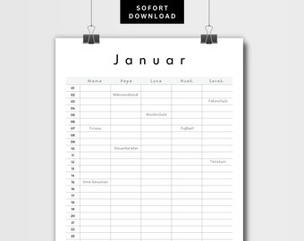 Familienplaner zum Ausdrucken | Familienkalender | Wandkalender | Jahreskalender | DIN A3 & Din A4 | Digitaler Download Deutsch