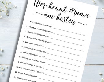 Babyparty Spiel Deutsch "Wer kennt Mama am besten? Unterhaltsames Ratespiel für die Baby Shower Party, Download zum Ausdrucken