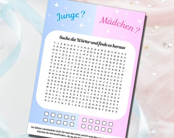 Geschlecht verkünden: Junge oder Mädchen? Wortsuchrätsel, Gender Reveal, Download zum Ausdrucken