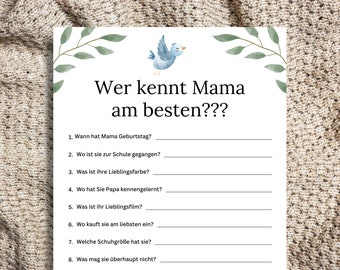 Babyparty Spiel auf Deutsch, Wer kennt Mama am besten, Baby Shower Party Spiel zum Ausdrucken, Sofort Download