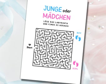 Geschlecht verkünden Rätsel (Labyrinth), Gender Reveal, Download zum Ausdrucken