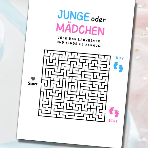 Geschlecht verkünden Rätsel (Labyrinth), Gender Reveal, Download zum Ausdrucken