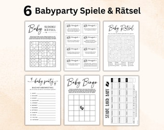Babyparty Spiele Deutsch, Wortsuchrätsel, Sudoku, Fotoaufgaben, Baby Bingo, Stadt Land Fluss Baby, Buchstabenrätsel (A2)