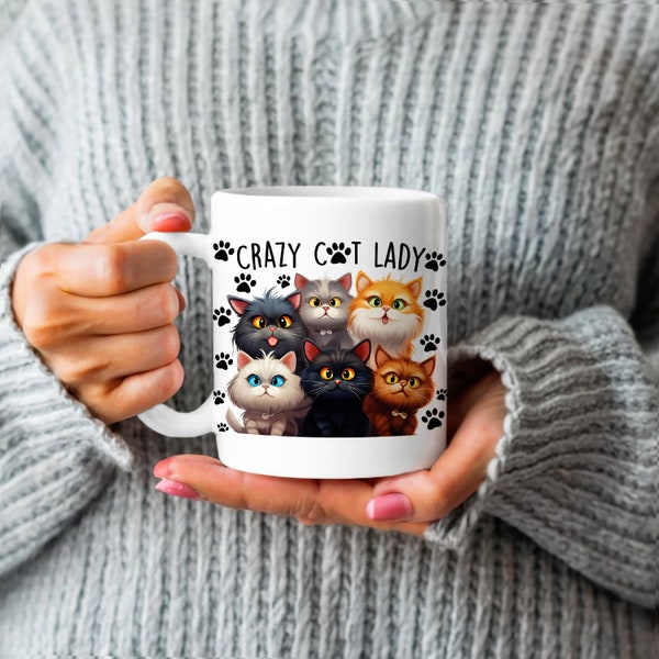 Crazy cat lady mug for coffee, 11oz or 15 oz, funny tea cup with cat paws, gift for her