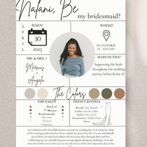Customizable Bridesmaid Proposal Card Printable Bridal Party Template Instant Download  Bridal Details Modern Design Bridesmaid Invitation