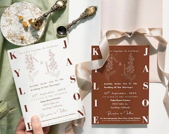 Terracotta Wedding Invitation Template, Minimalist Boho Floral (Digital Download)