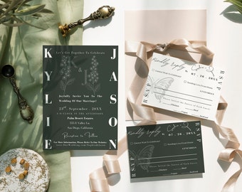 Minimalist Sage Green Floral Wedding Invitation Set (Digital Download)