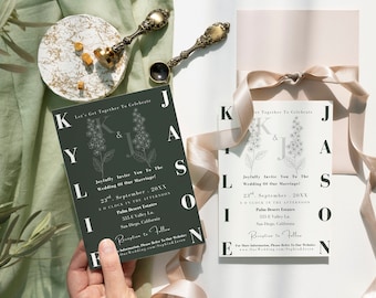 Minimalist Sage Green Floral Wedding Invitation Template (Digital Download)