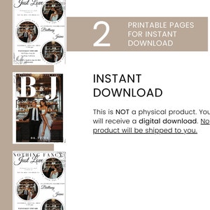 May include: Two printable wedding invitation designs in black and white. The first design features a floral border and the text "Just Love". The second design features a black and white photo of a couple and the text "BJ".