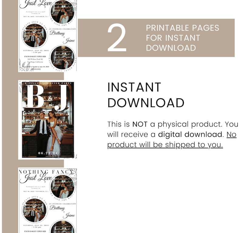 May include: Two printable wedding invitation designs in black and white. The first design features a floral border and the text "Just Love". The second design features a black and white photo of a couple and the text "BJ".