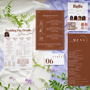 Peut inclure: Un menu de mariage sur fond brun avec des accents dorés. Le menu propose des amuse-gueules, des plats principaux, des accompagnements et des desserts. Le texte du menu comprend "Love at First Bite", "Savory Stuffed Mushrooms", "Romantic Rolls", "Happily Ever Ramen", "Wok-fried Bliss Salad", "Garlic Mashed Potatoes", "Capriccio Kisses", "Sweet Surrender", et "Raspberry White Chocolate Mousse".