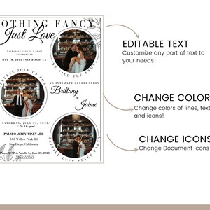 May include: A wedding invitation with a black and white design featuring a couple in a bar setting. The text reads "Nothing Fancy Just Love" and includes the couple's names, wedding date, and location. The invitation also includes the phrase "Happily Ever After Party".