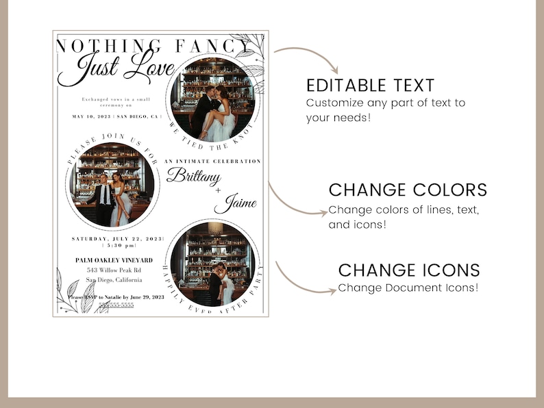May include: A wedding invitation with a black and white design featuring a couple in a bar setting. The text reads "Nothing Fancy Just Love" and includes the couple's names, wedding date, and location. The invitation also includes the phrase "Happily Ever After Party".