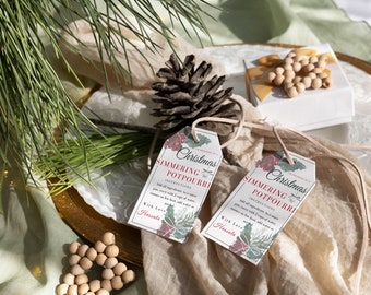 Peut inclure: Deux étiquettes cadeaux blanches avec des illustrations de Noël rouges et vertes et le texte "Christmas Simmering Potpourri" et "Instructions: Ajouter tous les ingrédients dans une casserole sur la cuisinière avec 2 tasses d'eau, laisser mijoter à feu doux, ajouter de l'eau au besoin. Avec amour, Hasina."
