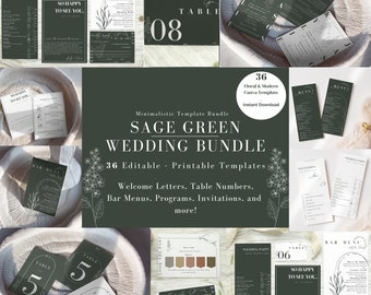 Può includere: Un set di 36 modelli di matrimonio verde salvia, tra cui lettere di benvenuto, numeri di tavolo, menu del bar, programmi, inviti e altro ancora. I modelli sono modificabili e stampabili.
