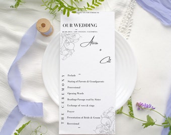 Floral Wedding Program Template, Minimalist Ceremony Timeline (Digital Download)