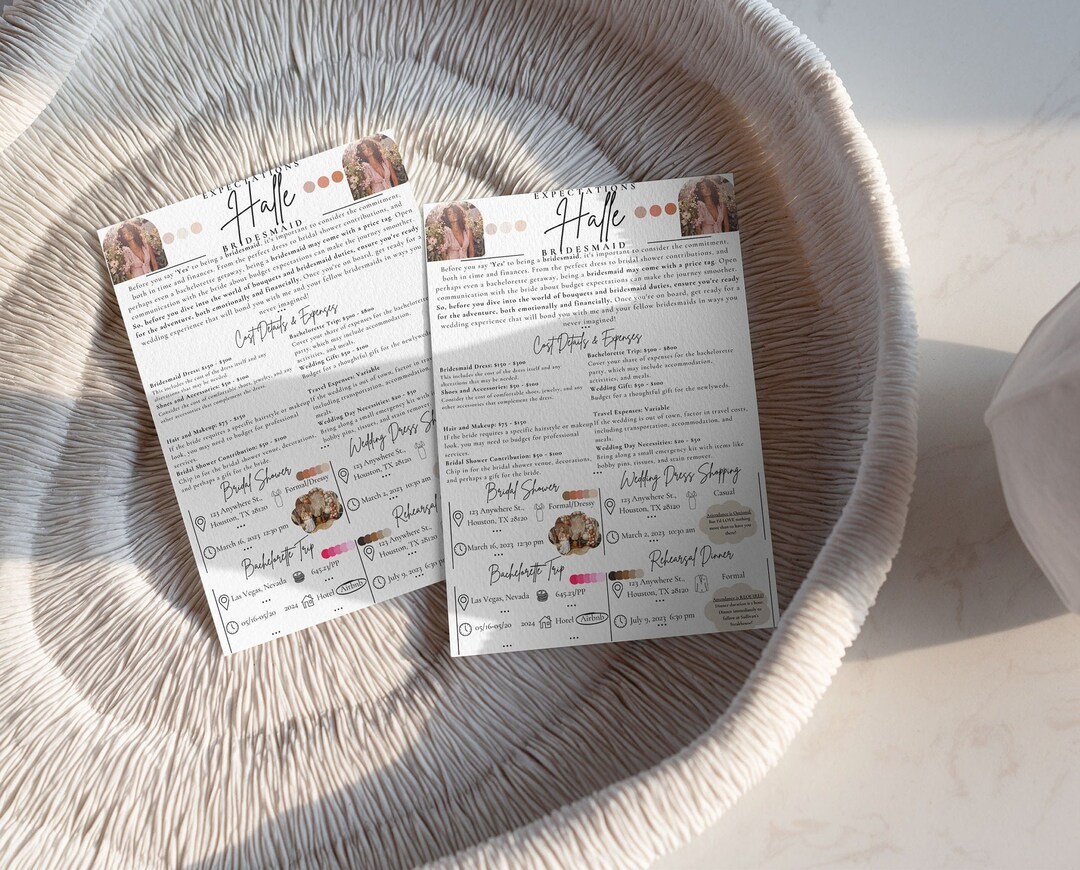 Bridesmaid Expectations Card Customizable What to Expect Instant