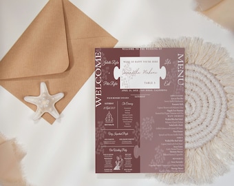 Dusty Pink Puzzle Wedding Program Template, Boho Blush Menu (Canva, Digital)