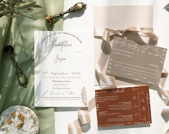 Terracotta Wedding Invitation Suite, Boho Feather Design (Customizable Canva Template)