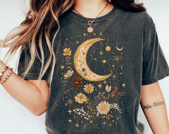 Boho Moon And Flowers Shirt, Vintage Celestial Graphic Tee, Comfort Colors® Astrology Shirt, Mystical Floral Aesthetic Gift For Her
