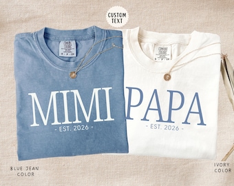 Personalized Grandma And Grandpa Shirt, Custom Comfort Colors® Est. Year Tee, Baby Announcement Gift For First Time Grandparents Reveal
