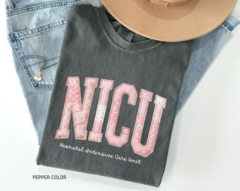 Comfort Colors® NICU Nurse Shirt, Pink Patchwork NICU Tee, Neonatal Intensive Care Unit Gift, Coquette Aesthetic Pediatric RN Shirt