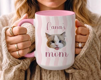 Personalized Pet Photo Mug, Custom Dog Cat Face Coffee Cup Striped Design