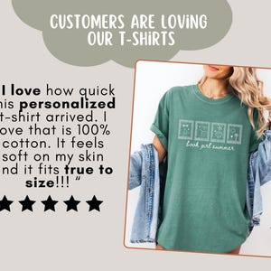May include: A teal t-shirt with the text "book girl summer" and four framed illustrations. The shirt is made of cotton and has rolled-up sleeves. The image also includes customer feedback and a five-star rating.